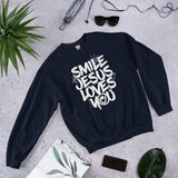 Front View Of A Navy Smile Jesus Loves You Sweatshirt