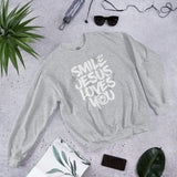 Front View Of A Sport Grey Smile Jesus Loves You Sweatshirt