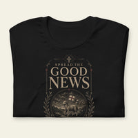 Black t-shirt with 'Spread the Good News' graphic design