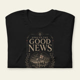 Black t-shirt with 'Spread the Good News' graphic design