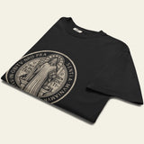 Black t-shirt with a detailed ST. BENEDICT MEDAL