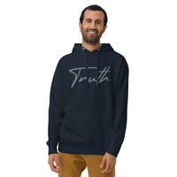 Man Wearing A Navy Truth Hoodie
