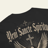 Black t-shirt with 'Veni Sancte Spiritus' text and cross design