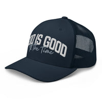 Navy God Is Good All The Time Trucker Hat Side View