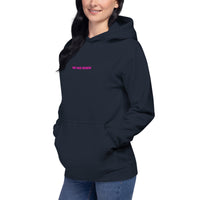 Woman Wearing A Faith Can Move Mountains Hoodie In Navy, Front View
