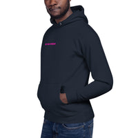 Man Wearing A Faith Can Move Mountains Hoodie In Navy, Front View