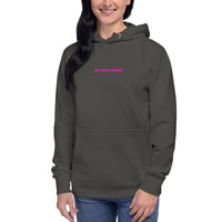 Woman Wearing A Faith Can Move Mountains Hoodie In Vintage Black, Front View