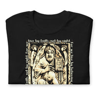 Front View Of A Black 2 Corinthians 5:7 T-shirt