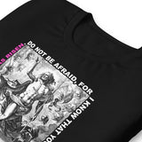Close Up Details Of A Black He Has Risen T-shirt 
