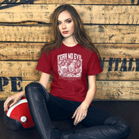 Woman Wearing A Fear No Evil T-shirt In Cardinal
