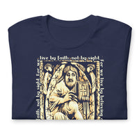 Front View Of A Navy 2 Corinthians 5:7 T-shirt