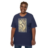Woman Wearing A Navy 2 Corinthians 5:7 T-shirt