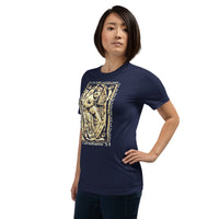 Woman Wearing A Navy 2 Corinthians 5:7 T-shirt, Left Front View