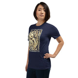 Woman Wearing A Navy 2 Corinthians 5:7 T-shirt, Left Front View
