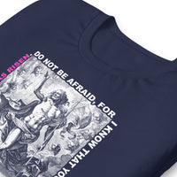Close Up Details Of A Navy He Has Risen T-shirt 