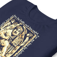 Close Up Of A Navy 2 Corinthians 5:7 T-shirt